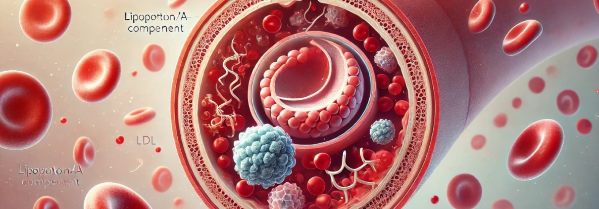 Illustration eines Blutgefäß-Querschnitts mit Lipoprotein(a)-Partikeln im Blutplasma. Ein Partikel ist hervorgehoben und beschriftet mit „Lp(a)“, „LDL-Komponente“ und „Apolipoprotein(a)“. Zu sehen sind rote Blutkörperchen und eine Arterienwand mit beginnender Plaquebildung – Symbol für das Risiko einer Arteriosklerose.