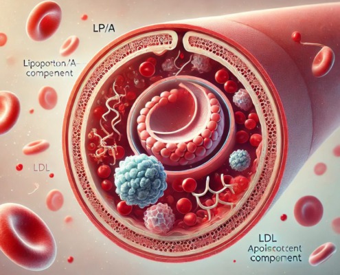 Illustration eines Blutgefäß-Querschnitts mit Lipoprotein(a)-Partikeln im Blutplasma. Ein Partikel ist hervorgehoben und beschriftet mit „Lp(a)“, „LDL-Komponente“ und „Apolipoprotein(a)“. Zu sehen sind rote Blutkörperchen und eine Arterienwand mit beginnender Plaquebildung – Symbol für das Risiko einer Arteriosklerose.