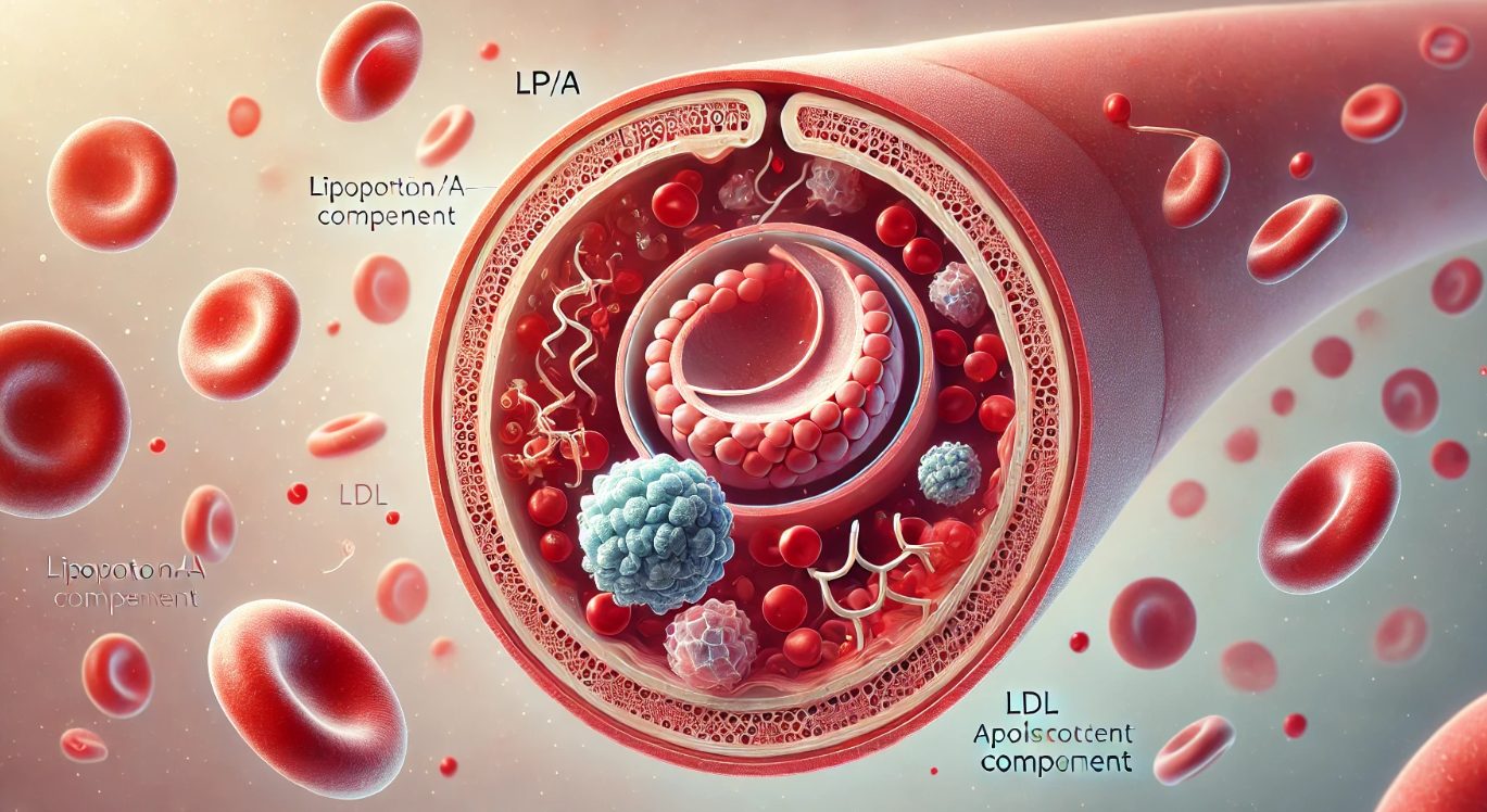 Lipoprotein A: Genvariante steigert Risiko für Herzinfarkt 1 Illustration eines Blutgefäß-Querschnitts mit Lipoprotein(a)-Partikeln im Blutplasma. Ein Partikel ist hervorgehoben und beschriftet mit „Lp(a)“, „LDL-Komponente“ und „Apolipoprotein(a)“. Zu sehen sind rote Blutkörperchen und eine Arterienwand mit beginnender Plaquebildung – Symbol für das Risiko einer Arteriosklerose.