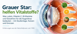 Startseite 10 Grauer Star mit Darstellung einer klaren und getrübten Augenlinse sowie Lutein, Vitamin C, B-Vitaminen und Glutathion als mögliche Schutzfaktoren.