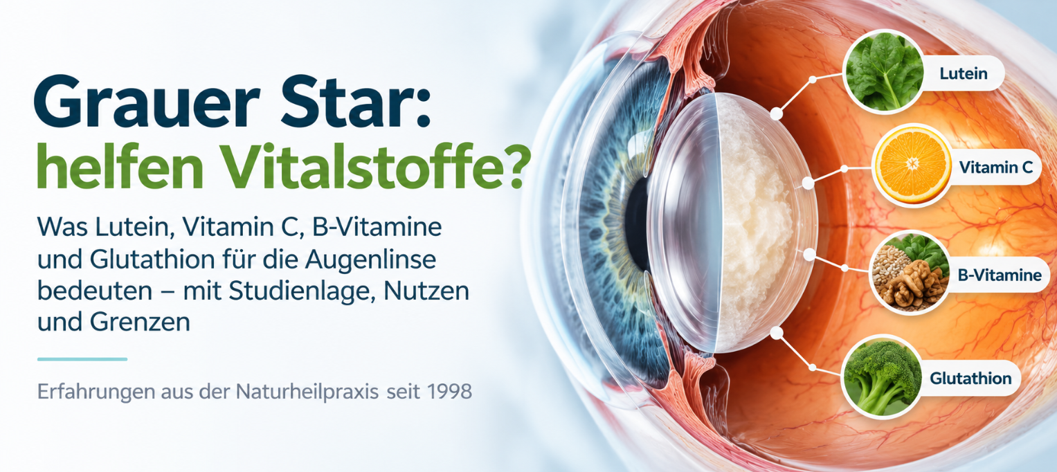 Grauer Star: Welche Vitamine und Vitalstoffe die Augenlinse schützen können 1 Grauer Star mit Darstellung einer klaren und getrübten Augenlinse sowie Lutein, Vitamin C, B-Vitaminen und Glutathion als mögliche Schutzfaktoren.