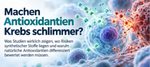 Startseite 8 Medizinische Illustration einer Zelle mit blauem Zellkern, umgeben von grün dargestellten Antioxidantien und roten Partikeln als Symbol für oxidativen Stress bei Krebs.