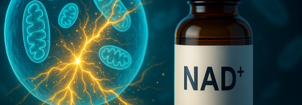 Links ein Mitochondrium, rechts eine Flasche mit NAD+