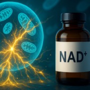 Links ein Mitochondrium, rechts eine Flasche mit NAD+