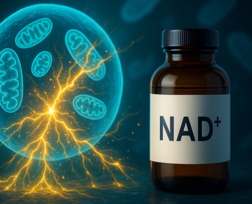 Links ein Mitochondrium, rechts eine Flasche mit NAD+