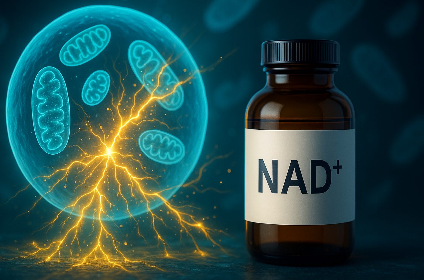 NAD⁺ – Schlüsselsubstanz für Energie, Zellgesundheit und Anti-Aging 1 Links ein Mitochondrium, rechts eine Flasche mit NAD+