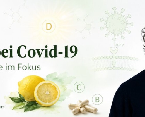 Mit Vitaminen gegen Corona und Covid-19? 5 Headgrafik zu Vitaminen bei Covid-19 mit René Gräber, Zitrone, Molekülen und Vitamin-D-Symbol