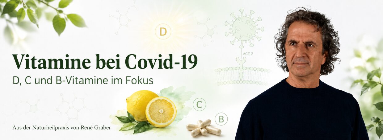 Mit Vitaminen gegen Corona und Covid-19? 7 Headgrafik zu Vitaminen bei Covid-19 mit René Gräber, Zitrone, Molekülen und Vitamin-D-Symbol