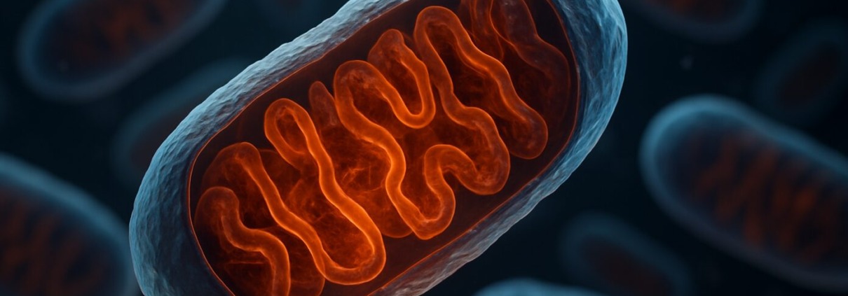 Mitochondrium in 3D-Makroaufnahme mit leuchtenden Cristae, fotorealistisch dargestellt als Symbol für Zellenergie und Zellschutz.