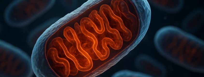 TUDCA – Tauroursodeoxycholsäure: Kleine Gallensäure, große Wirkung 1 Mitochondrium in 3D-Makroaufnahme mit leuchtenden Cristae, fotorealistisch dargestellt als Symbol für Zellenergie und Zellschutz.