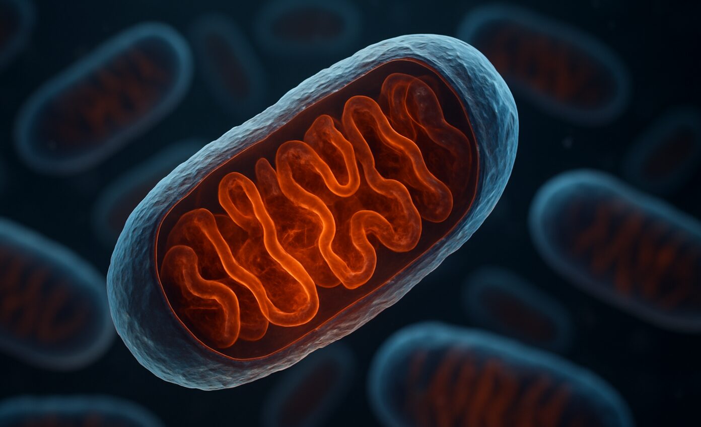 TUDCA – Tauroursodeoxycholsäure: Kleine Gallensäure, große Wirkung 1 Mitochondrium in 3D-Makroaufnahme mit leuchtenden Cristae, fotorealistisch dargestellt als Symbol für Zellenergie und Zellschutz.