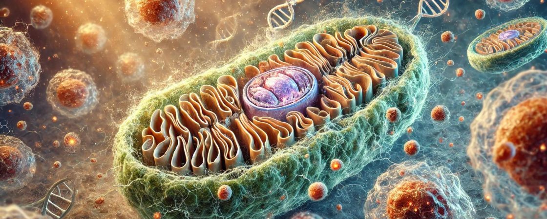 Darstellung (stilisiert) eines Mitochondriums in seiner Zellumgebung.