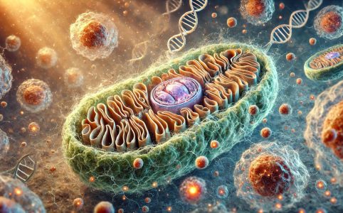 Darstellung (stilisiert) eines Mitochondriums in seiner Zellumgebung.
