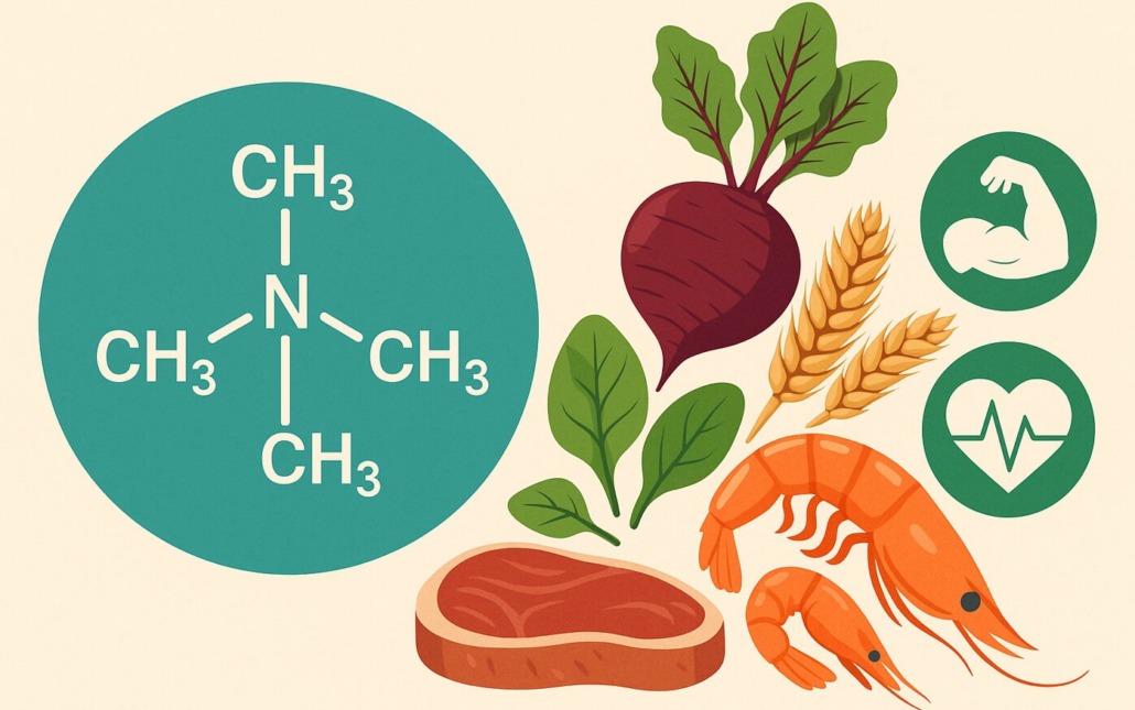 Molekülstruktur von Trimethylglycin (TMG) mit betainreichen Lebensmitteln wie Rote Bete, Spinat, Garnelen und Weizenkleie, dazu Symbole für Muskel- und Herzgesundheit