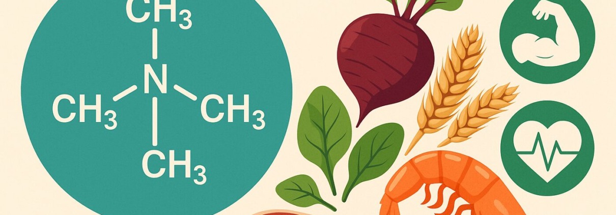 Molekülstruktur von Trimethylglycin (TMG) mit betainreichen Lebensmitteln wie Rote Bete, Spinat, Garnelen und Weizenkleie, dazu Symbole für Muskel- und Herzgesundheit