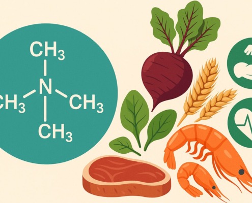 Molekülstruktur von Trimethylglycin (TMG) mit betainreichen Lebensmitteln wie Rote Bete, Spinat, Garnelen und Weizenkleie, dazu Symbole für Muskel- und Herzgesundheit