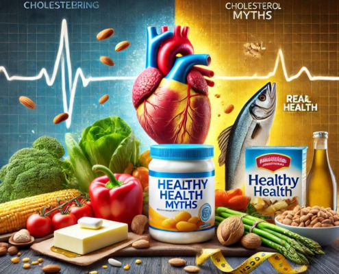 Ein Bild zum Thema Cholesterin-Mythen: Links eine Packung cholesterinsenkender Tabletten und eine Margarinedose mit Werbeversprechen, rechts frische Lebensmittel wie Gemüse, Nüsse und Fisch als Symbol für echte Herzgesundheit. Im Hintergrund eine Herzfrequenzlinie, die auf das Thema Herz-Kreislauf-Gesundheit hinweist.