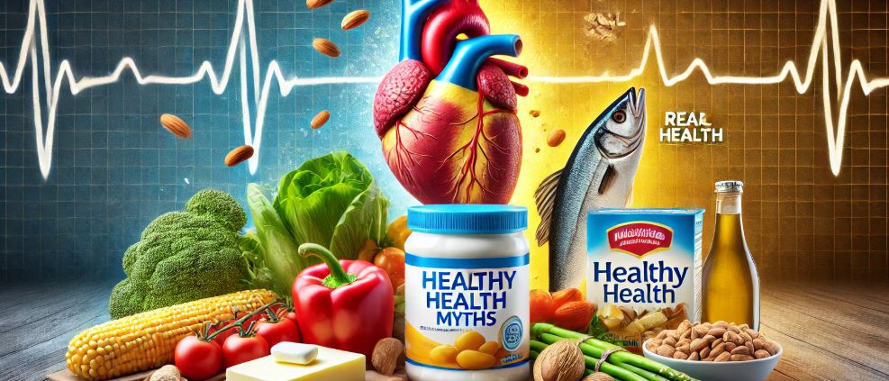 Cholesterin und Herzinfarkt: Die gefährlichsten Irrtümer entlarvt 1 Ein Bild zum Thema Cholesterin-Mythen: Links eine Packung cholesterinsenkender Tabletten und eine Margarinedose mit Werbeversprechen, rechts frische Lebensmittel wie Gemüse, Nüsse und Fisch als Symbol für echte Herzgesundheit. Im Hintergrund eine Herzfrequenzlinie, die auf das Thema Herz-Kreislauf-Gesundheit hinweist.