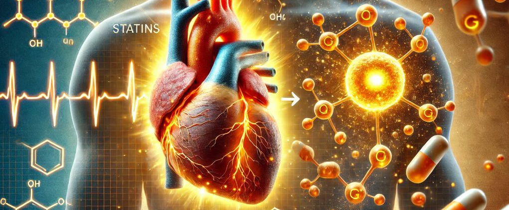Medizinische Illustration zur Wirkung von Statinen auf Coenzym Q10. Gezeigt wird ein Herz mit leuchtenden Mitochondrien, die Energieproduktion symbolisieren. Daneben ein schrumpfendes Q10-Molekül, das von Statin-Medikamenten beeinflusst wird. Der Hintergrund enthält ein medizinisches Diagramm zur Cholesterin-Synthese.