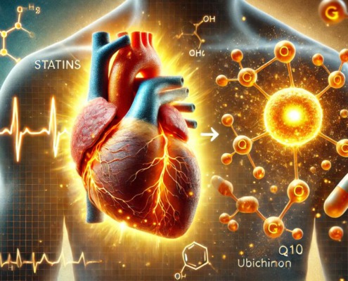 Medizinische Illustration zur Wirkung von Statinen auf Coenzym Q10. Gezeigt wird ein Herz mit leuchtenden Mitochondrien, die Energieproduktion symbolisieren. Daneben ein schrumpfendes Q10-Molekül, das von Statin-Medikamenten beeinflusst wird. Der Hintergrund enthält ein medizinisches Diagramm zur Cholesterin-Synthese.
