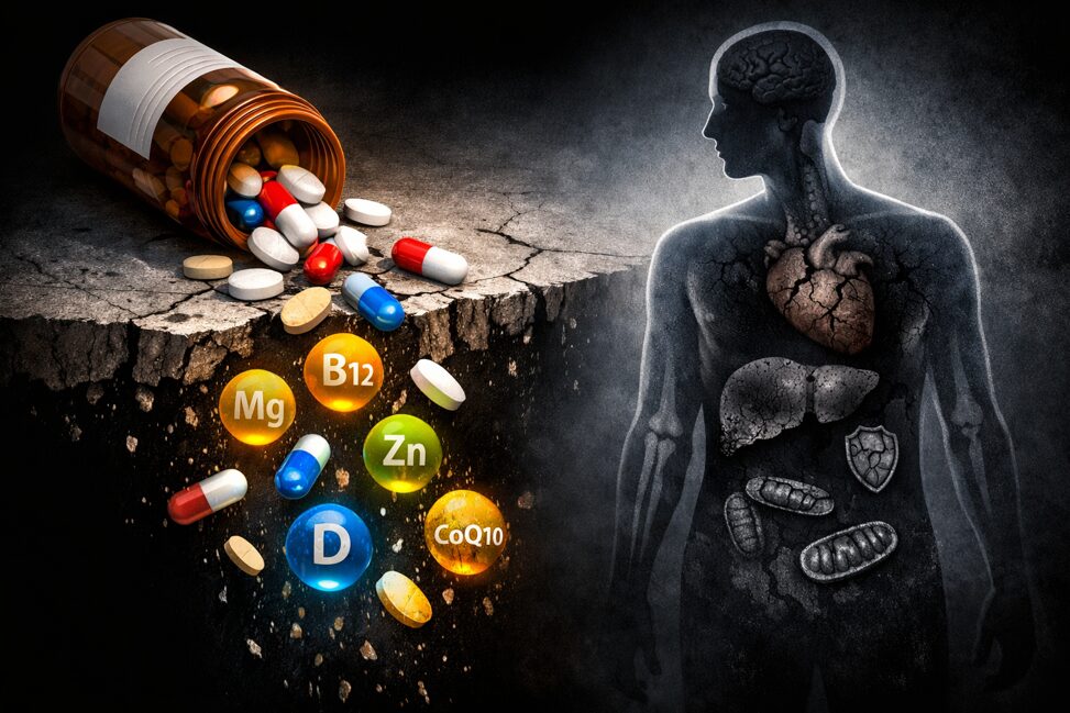 Medikamente als Nährstoffräuber: Tabletten entziehen dem Körper Vitamine und Mineralstoffe wie Vitamin B12, Magnesium, Zink, Vitamin D und Coenzym Q10 – mit Folgen für Organe, Mitochondrien und Energiehaushalt.