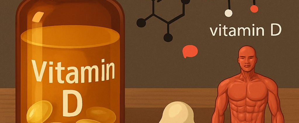 Vitamin D Wirkung auf Muskelaufbau und Fettstoffwechsel dargestellt mit Flasche, Kapseln, Leptin- und Vitamin-D-Molekülen sowie muskulösem menschlichem Modell.