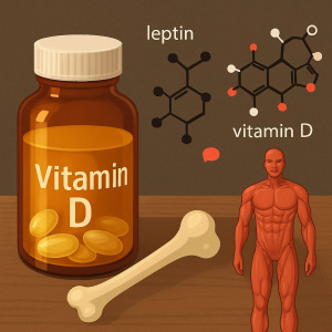 Vitamin D Wirkung auf Muskelaufbau und Fettstoffwechsel dargestellt mit Flasche, Kapseln, Leptin- und Vitamin-D-Molekülen sowie muskulösem menschlichem Modell.