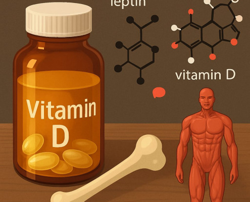 Vitamin D Wirkung auf Muskelaufbau und Fettstoffwechsel dargestellt mit Flasche, Kapseln, Leptin- und Vitamin-D-Molekülen sowie muskulösem menschlichem Modell.