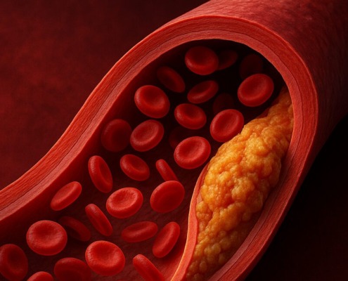 Medizinische Illustration einer verengten Arterie mit Plaque-Ablagerungen und Blutkörperchen im Querschnitt