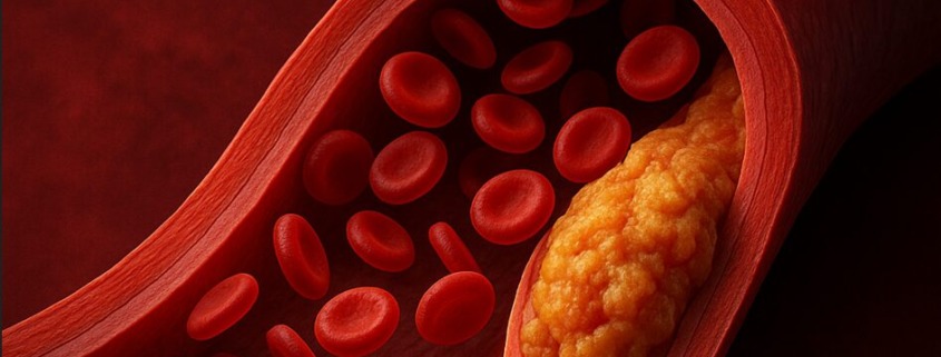 Medizinische Illustration einer verengten Arterie mit Plaque-Ablagerungen und Blutkörperchen im Querschnitt