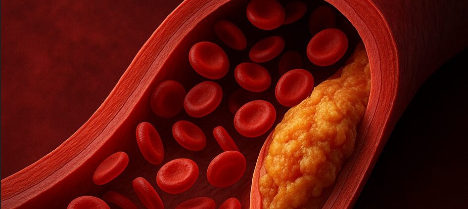 Medizinische Illustration einer verengten Arterie mit Plaque-Ablagerungen und Blutkörperchen im Querschnitt