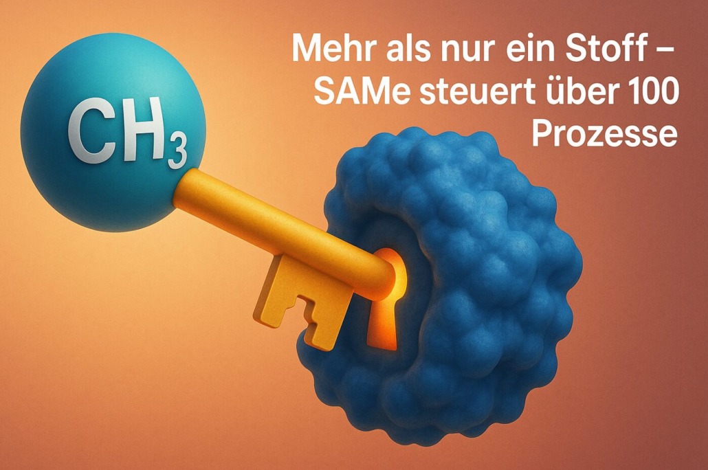 3D-Grafik: Methylgruppe CH₃ als Schlüssel in Protein-Schloss – SAMe steuert über 100 Prozesse im menschlichen Stoffwechsel.