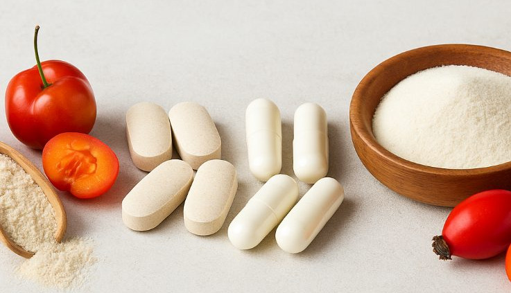 Welches Vitamin C ist das Beste? Natürlich, gepuffert oder liposomal im Vergleich 1 Verschiedene Vitamin-C-Präparate, darunter Acerola-Kirschen, Kapseln, Tabletten, Hagebutten und Fruchtpulver, auf einem hellen Hintergrund arrangiert.