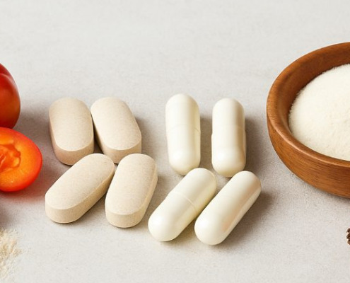 Verschiedene Vitamin-C-Präparate, darunter Acerola-Kirschen, Kapseln, Tabletten, Hagebutten und Fruchtpulver, auf einem hellen Hintergrund arrangiert.