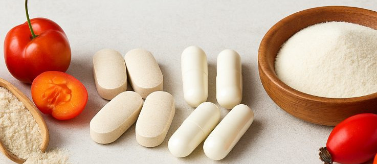 Verschiedene Vitamin-C-Präparate, darunter Acerola-Kirschen, Kapseln, Tabletten, Hagebutten und Fruchtpulver, auf einem hellen Hintergrund arrangiert.
