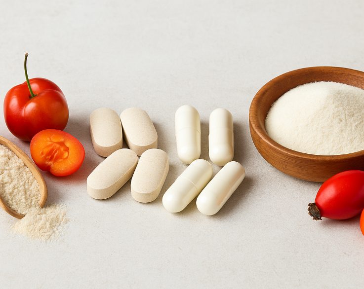 Verschiedene Vitamin-C-Präparate, darunter Acerola-Kirschen, Kapseln, Tabletten, Hagebutten und Fruchtpulver, auf einem hellen Hintergrund arrangiert.