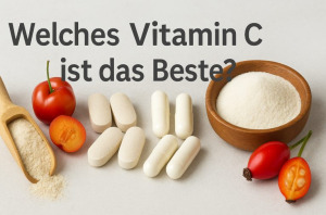 Verschiedene Vitamin-C-Präparate, darunter Acerola-Kirschen, Kapseln, Tabletten, Hagebutten und Fruchtpulver, auf einem hellen Hintergrund arrangiert, mit der Frage „Welches Vitamin C ist das Beste?“ im Vordergrund – ideal für Beiträge zur natürlichen Nahrungsergänzung.