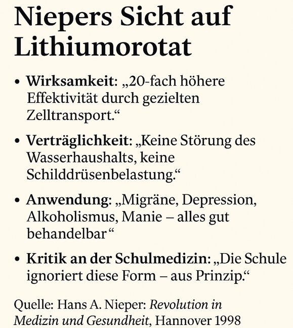 Infografik mit Zitaten von Dr. Hans A. Nieper zu Lithiumorotat: Wirkung, Verträglichkeit, Anwendungen und Kritik an schulmedizinischer Ignoranz.