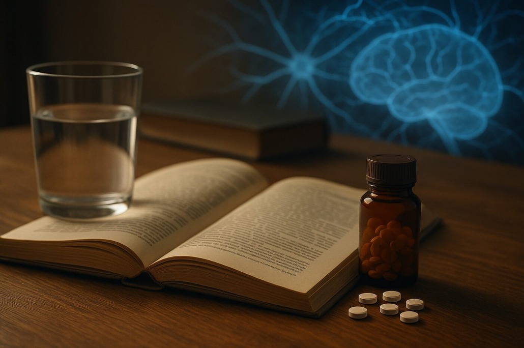 Offenes naturheilkundliches Buch mit Glas Wasser und Tablettenfläschchen auf Holztisch, im Hintergrund neuronales Netzwerk – Symbolbild für Lithiumorotat und Gehirngesundheit.