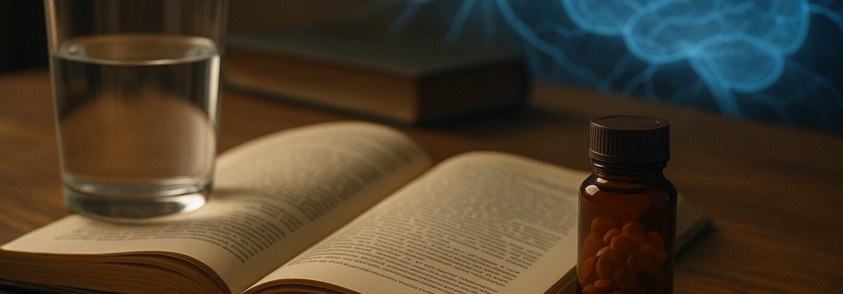 Offenes naturheilkundliches Buch mit Glas Wasser und Tablettenfläschchen auf Holztisch, im Hintergrund neuronales Netzwerk – Symbolbild für Lithiumorotat und Gehirngesundheit.