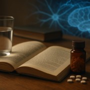 Offenes naturheilkundliches Buch mit Glas Wasser und Tablettenfläschchen auf Holztisch, im Hintergrund neuronales Netzwerk – Symbolbild für Lithiumorotat und Gehirngesundheit.