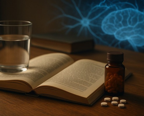Natürliches Lithium: Was Lithiumorotat so besonders macht 1 Offenes naturheilkundliches Buch mit Glas Wasser und Tablettenfläschchen auf Holztisch, im Hintergrund neuronales Netzwerk – Symbolbild für Lithiumorotat und Gehirngesundheit.