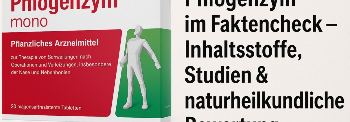 Phlogenzym mono Verpackung mit Titel „Phlogenzym im Faktencheck – Inhaltsstoffe, Studien & naturheilkundliche Bewertung