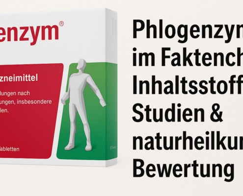 Phlogenzym mono Verpackung mit Titel „Phlogenzym im Faktencheck – Inhaltsstoffe, Studien & naturheilkundliche Bewertung