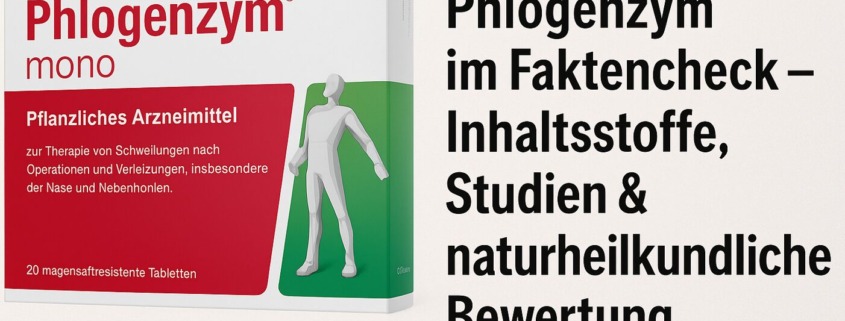 Phlogenzym mono Verpackung mit Titel „Phlogenzym im Faktencheck – Inhaltsstoffe, Studien & naturheilkundliche Bewertung