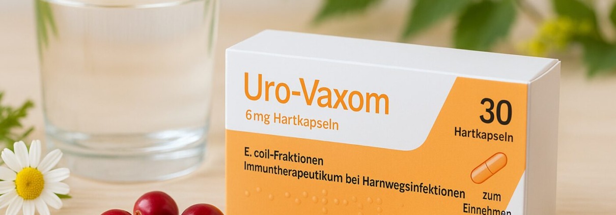 Uro Vaxom - Wirkung, Erfahrungen und Nebenwirkungen 1 Uro-Vaxom Packung mit Glas Wasser, frischen Cranberries und Kamillenblüten auf hellem Holztisch – Symbol für natürliche Unterstützung bei Harnwegsinfektionen