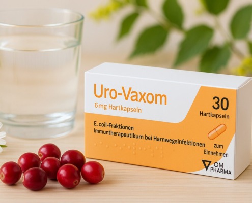 Uro-Vaxom Packung mit Glas Wasser, frischen Cranberries und Kamillenblüten auf hellem Holztisch – Symbol für natürliche Unterstützung bei Harnwegsinfektionen