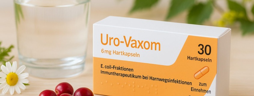 Uro-Vaxom Packung mit Glas Wasser, frischen Cranberries und Kamillenblüten auf hellem Holztisch – Symbol für natürliche Unterstützung bei Harnwegsinfektionen