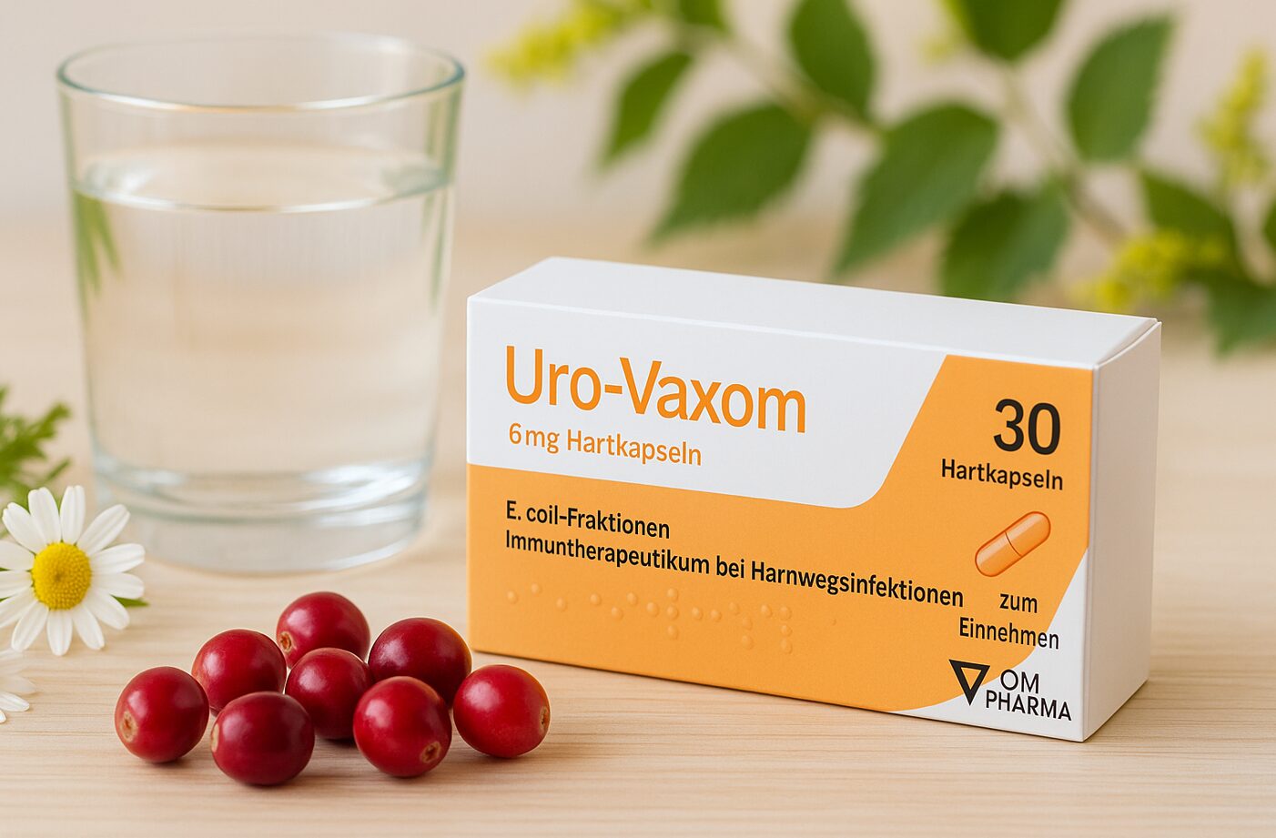 Uro Vaxom - Wirkung, Erfahrungen und Nebenwirkungen 1 Uro-Vaxom Packung mit Glas Wasser, frischen Cranberries und Kamillenblüten auf hellem Holztisch – Symbol für natürliche Unterstützung bei Harnwegsinfektionen