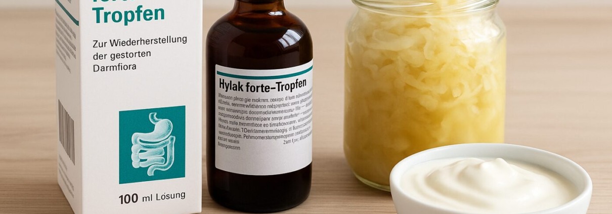 Hylak forte Tropfen – Wirkung, Anwendung & Erfahrungen zur Darmflora-Regeneration 1 Hylak forte Tropfen mit Verpackung, daneben Glas mit Sauerkraut und Schale Joghurt auf Holzoberfläche.